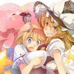  :o alice_margatroid baking blonde_hair blue_eyes bow bowl chocolate doily grin hat hat_bow heart highres k2pudding kirisame_marisa lace_background multiple_girls pink_background short_sleeves smile star touhou witch_hat yellow_eyes 