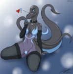 &lt;3 2018 ? abstract_background alternate_color anthro anthrofied arm_warmers armwear blue_eyes breasts clothing collar elbow_gloves eyelashes eyewear fan_character female fingerless_gloves glasses gloves hi_res jeffthehusky kneeling leggings legwear long_tail looking_at_viewer markings nintendo nipples pok&eacute;mon pok&eacute;mon_(species) pose pussy reptile rubber salazzle scalie slit_pupils smile solo thick_thighs thigh_highs video_games wide_hips 