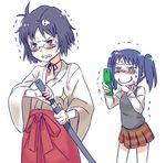  angry black_hair blush cellphone cosplay danshi_koukousei_no_nichijou glasses hair_ornament hairclip ikushima_(danshi_koukousei) japanese_clothes katana kobayashi_yuu konjoe miko multiple_girls phone school_uniform seiyuu_connection short_hair skull_hair_ornament steins;gate sweater_vest sword twintails urushibara_ruka urushibara_ruka_(cosplay) weapon yanagin_(danshi_koukousei) 