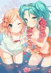  alternate_hairstyle aqua_eyes aqua_hair bad_id bad_pixiv_id bikini blonde_hair blue_eyes bouryoku_koguma breasts cleavage derivative_work flower forehead hair_flower hair_ornament hairclip hatsune_miku heart heart_hands heart_hands_duo kagamine_rin long_hair multiple_girls one_eye_closed open_clothes sailor_collar short_hair small_breasts smile swimsuit topless twintails vocaloid water wreath 