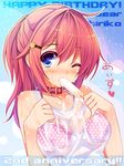  blue_eyes blush chiri_(atlanta) chiriko_(atlanta) collar collarbone food hair_ornament hairclip half_updo happy_birthday highres holding ice_cream long_hair looking_at_viewer one_eye_closed original polka_dot polka_dot_background popsicle red_hair see-through sexually_suggestive solo suggestive_fluid translation_request wet wet_clothes 