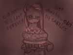  bad_idea cake dynamite english_text equine female food friendship_is_magic horse imminent_death insane looking_at_viewer mammal monochrome my_little_pony pinkamena_(mlp) pinkie_pie_(mlp) plain_background pony solo text ulyanovetz 