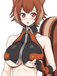  animal_ears bare_shoulders blazblue blush breasts brown_hair fingerless_gloves gloves huge_breasts inu1tou makoto_nanaya red_eyes short_hair simple_background solo squirrel_ears squirrel_tail tail underboob white_background 