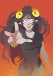  aradia_megido black_hair grey_skin homestuck horns jin-nyeh lipstick long_hair makeup open_mouth outstretched_arm pointy_ears skirt solo torn_clothes torn_skirt 