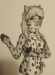  2018 anthro breasts feline female fur green_eyes grey_fur hair leopard light_gray_hair looking_at_viewer mammal mrbadfox nipples nude pantherine simple_background smile solo spots spotted_fur teeth traditional_media_(artwork) 