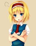  =3 alice_margatroid angry ascot blonde_hair blue_eyes blue_shirt blush commentary_request crossed_arms hairband highres lolita_hairband looking_at_viewer monoto open_mouth puffy_short_sleeves puffy_sleeves shirt short_hair short_sleeves solo touhou upper_body 