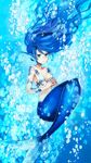  ashi bikini_top blue_hair bubble fins floating_hair green_eyes hands_clasped head_fins long_hair mermaid monster_girl original own_hands_together smile solo underwater water wavy_hair 