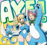  1boy 1girl :3 animal_ears blonde_hair blush breasts cat_ears cat_tail cleavage cosplay costume fairy_tail happy_(fairy_tail) ladygt93 long_hair lucy_heartfilia mashima_hiro natsu_dragneel open_mouth pink_hair tail text thighhighs whiskers wings 