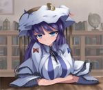  blue_eyes blush book bookshelf breast_rest breasts capelet colorized crescent crossed_arms desk dress globe hat large_breasts long_hair looking_at_viewer patchouli_knowledge purple_hair santa_(kaisou_hikuutei) shishamo@ smile solo striped striped_dress touhou wide_sleeves 
