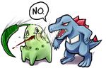  ambiguous_gender black_eyes blood chikorita dialog dialogue english_text nintendo plain_background pok&#233;mon pok&eacute;mon reaction_image red_eyes slap text totodile video_games white_background 