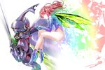  80s blue_leotard butterfly_wings cham_fau closed_eyes colorful dunbine fairy holding hood leotard looking_at_viewer mecha oldschool pink_hair seisenshi_dunbine solo sword weapon wings yuugen 