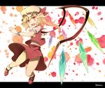  :d blonde_hair blush flandre_scarlet hat hat_ribbon letterboxed open_mouth red_eyes ribbon side_ponytail signature skirt skirt_set smile solo touhou wings wrist_cuffs yutamaro 