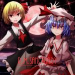  ascot blonde_hair blouse blue_hair fang hair_ribbon hat hat_ribbon hiro_(pqtks113) long_sleeves looking_at_viewer moon multiple_girls open_mouth outstretched_arms red_eyes remilia_scarlet ribbon rumia shirt short_hair short_sleeves skirt skirt_set smile touhou wings 