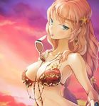  anko_anko aqua_eyes bikini breasts collarbone earrings flower hair_flower hair_ornament headband highres hoop_earrings jewelry large_breasts long_hair looking_at_viewer megurine_luka mouth_hold necklace pink_hair plumeria ring solo starfish sunglasses sunset swimsuit twintails upper_body vocaloid 