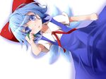  blue_eyes blue_hair blush bow cirno dutch_angle flower hair_bow hair_ornament highres hiro_(pqtks113) holding ice ice_wings looking_at_viewer open_mouth short_hair short_sleeves solo touhou wings 