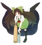  arm_cannon bad_id bad_pixiv_id bird_wings bow brown_hair cape hair_bow honotai long_hair mismatched_footwear open_mouth puffy_sleeves red_eyes reiuji_utsuho short_sleeves solo third_eye touhou weapon wings 