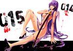  absurdres blood blood_splatter blue_eyes blush breasts busujima_saeko fingerprint hair_over_breasts high_heels highres highschool_of_the_dead holding katana large_breasts legs lips long_hair long_legs looking_at_viewer nude purple_hair satou_shouji scan shiny shiny_skin shoes sitting solo sword thighs very_long_hair weapon 
