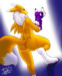  back back_turned big_butt butt canine claws digimon elbow_gloves facial_markings female fingerless_gloves fluffy_tail fox freckles freckles_(artist) fur gloves hindpaw mammal markings neck_tuft nude paws pose purple purple_clothing renamon simple_background socks_(marking) solo spread_legs spreading standing thick_thighs thighs tuft voluptuous white wide_hips yellow_fur 