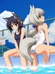  animal_ears aqua_eyes bad_id bad_pixiv_id barefoot bell black_hair blush chain-link_fence cloud day feet fence food fox_ears fox_tail hair_bell hair_ornament highres long_hair magatama mouth_hold multiple_girls one-piece_swimsuit original outdoors pool poolside popsicle red_eyes school_swimsuit shira-nyoro sign silver_hair sitting sky smile soaking_feet soles swimsuit tail underwear v_arms water wet white_school_swimsuit white_swimsuit 