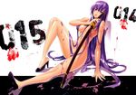  1girl absurdres blood blood_splatter blue_eyes blush breasts busujima_saeko fingerprint hair_over_breasts high_heels highres highschool_of_the_dead holding katana legs lips long_hair long_legs looking_at_viewer nude purple_hair satou_shouji scan shoes sitting solo sword very_long_hair weapon 