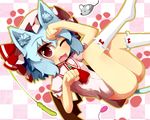  animal_ears ascot blue_eyes bottomless cat_ears chibi fang hat kemonomimi_mode kneehighs looking_at_viewer mouse no_panties one_eye_closed open_mouth paw_pose red_eyes remilia_scarlet solo sorrau touhou vibrator white_legwear 