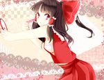  ajiriko bad_anatomy bandages banned_artist black_hair bow breasts hair_bow hair_tubes hakurei_reimu lipstick_tube looking_at_viewer looking_back medium_breasts mirror nail_polish outstretched_arm ponytail purple_eyes red_nails shirt sideboob skirt skirt_set solo touhou 