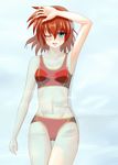  armpits bikini blue_eyes blush brown_hair lyrical_nanoha mahou_shoujo_lyrical_nanoha mahou_shoujo_lyrical_nanoha_a's mahou_shoujo_lyrical_nanoha_a's_portable:_the_battle_of_aces material-s navel one_eye_closed open_mouth partially_submerged short_hair solo swimsuit you_(yousuke968) 
