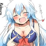  artist_name blue_hair breasts closed_eyes heart kamishirasawa_keine large_breasts long_hair lowres open_mouth rebecca_(keinelove) solo teasing touhou 