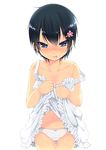  :p absurdres bad_id bad_pixiv_id black_hair blue_eyes blush bow collarbone dancho_(dancyo) dress dress_lift hair_ornament highres original panties short_hair simple_background solo sundress tongue tongue_out underwear white_background white_dress white_panties 