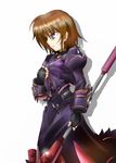  armor blue_eyes brown_hair fingerless_gloves gloves luciferion lyrical_nanoha magical_girl mahou_shoujo_lyrical_nanoha mahou_shoujo_lyrical_nanoha_a's mahou_shoujo_lyrical_nanoha_a's_portable:_the_battle_of_aces material-s puffy_sleeves ribbon short_hair solo suga_leon white_background 