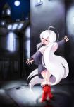  1girl ahoge ballerina blood bridal_gauntlets dress empty_eyes highres long_hair open_mouth original red_eyes sleeves_past_wrists smile solo tama_e_akira the_red_shoes tiptoes very_long_hair victor_(tama_e_akira) white_hair 