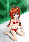  ahoge bare_shoulders barefoot bikini blue_eyes braid cameltoe chain-link_fence fence food kaise_hiroyuki lyrical_nanoha mahou_shoujo_lyrical_nanoha mahou_shoujo_lyrical_nanoha_a's midriff orange_hair poolside popsicle red_bikini ribbon sitting solo swimsuit twin_braids vita wariza 