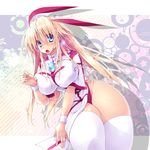  1girl blonde_hair blue_eyes breasts cross curvy earrings female highres huge_breasts jewelry kneeling long_hair mound_of_venus necklace open_mouth original scatter_milk solo thick_thighs thighhighs thighs white_legwear white_thighhighs 