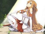  1girl arm_support armor asuna_(sao) bare_shoulders breastplate brown_eyes brown_hair detached_sleeves ginger_hair hand_on_knee highres leaning_back long_hair mura_(kanojo_no_oukoku) payot plant plants sidelocks sitting skirt smile solo spotlight sword sword_art_online thighhighs very_long_hair weapon white_legwear yuuki_asuna 