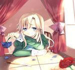  blonde_hair blue_eyes blue_flower blue_rose blush chair curtains flower highres ib long_hair long_sleeves mary_(ib) myuutsuu palette_knife petals red_flower red_rose rose sitting solo table upper_body window yellow_flower yellow_rose 