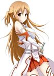  asuna_(sao) brown_eyes brown_hair detached_sleeves iray long_hair looking_at_viewer simple_background skirt smile solo sword sword_art_online thighhighs weapon white_background 