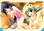  2girls :o ;d absurdres amatsu_misora_ni! animal_ears bad_id bad_yandere_id bath black_hair blush breasts cleavage fang green_hair highres inugami_honori long_hair looking_at_viewer medium_breasts multiple_girls naked_towel nude one_eye_closed open_mouth ponytail scan shintarou sitting smile tobari_chisa towel water 