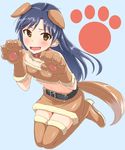  :d animal_ears belt black_hair blush brown_eyes brown_legwear collar dan_(orange_train) dog_ears dog_paws dog_tail gloves idolmaster idolmaster_(classic) kisaragi_chihaya long_hair looking_at_viewer ookami_girl_(idolmaster) open_mouth paw_gloves paws simple_background skirt smile solo tail thighhighs wolf_ears wolf_paws 