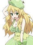  beret blonde_hair breasts cleavage green_eyes hand_on_headwear hat hoshii_miki idolmaster idolmaster_(classic) inu1tou large_breasts long_hair open_mouth simple_background solo white_background 