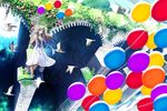  arch balloon bird blue_eyes brown_hair dress flower grin hat jewelry leaf long_hair necklace original plant scarf scenery smile solo toichi_(ik07) water waterfall white_dress 