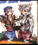  animal_ears barrel bird blush bow breasts burnt drum_(container) failure fujiwara_no_mokou grey_hair grill hair_bow hand_on_own_head head_scarf japanese_clothes jar large_breasts long_hair multiple_girls mystia_lorelei okamisty open_mouth pink_hair purple_eyes red_eyes ryuuichi_(f_dragon) shirt short_hair slit_pupils smile smoke stick suspenders sweat sweatdrop tasuki touhou very_long_hair wings 