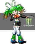  ankle_boots antenna_hair blush boots bow bowtie detached_sleeves full_body garter_belt gradient_hair green_footwear green_hair head_tilt highres looking_at_viewer monster_energy multicolored_hair number orange_bow orange_eyes orange_hair orange_neckwear original personification rokushaku_neko roman_numerals skirt twintails 