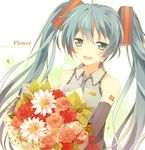  :d aqua_eyes aqua_hair baby's-breath bad_id bad_pixiv_id bare_shoulders bouquet daisy detached_sleeves flower hatsune_miku holding leaf long_hair looking_at_viewer necktie open_mouth pink_flower pink_rose rose smile solo twintails upper_body uramakaron vocaloid 