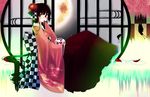  adapted_costume ball banned_artist black_hair bug butterfly camellia checkered flower from_side hair_ornament highres houraisan_kaguya insect japanese_clothes kimono kimono_skirt long_hair long_sleeves moon off_shoulder petals red_eyes ripples sitting solo tamazusa temari_ball touhou very_long_hair wide_sleeves window 