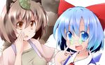  animal_ears bespectacled blue_eyes blue_hair blush bow breasts brown_eyes brown_hair cirno eyewear_removed futatsuiwa_mamizou glasses hair_bow highres hiro_(pqtks113) leaf leaf_on_head looking_at_viewer medium_breasts multiple_girls open_mouth raccoon_ears short_hair short_sleeves smile touhou 