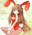  animal_ears bow bowtie brown_hair bunny_ears bunny_tail bunnysuit detached_collar highres hiyopuko long_hair original pantyhose red_eyes solo tail wrist_cuffs 