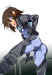  :o arm_support ass bangs black_hair blue_eyes blush bodysuit breasts covered_nipples fang from_behind gloves gradient gradient_background hair_between_eyes hand_on_hip kuronyan leaning_forward leg_lift looking_at_viewer looking_back muvluv muvluv_alternative muvluv_total_eclipse open_mouth pilot_suit railing shiny shiny_clothes short_hair skin_tight small_breasts solo tarisa_manandal 