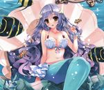  1girl absurdres artist_request bangs blue_hair brown_eyes character_request fish highres mermaid monster_girl open_mouth shell siren sitting smile source_request underwater water 
