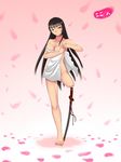  1girl 59442587 amputee black_hair breasts gray_eyes grey_eyes highres hime_cut long_hair original petals ribbon samurai scar sword towel weapon 