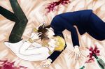  alcohol bad_id bad_pixiv_id blonde_hair bracelet brown_eyes brown_hair cross cross_necklace fate/zero fate_(series) fetal_position gilgamesh jewelry kotomine_kirei male_focus multiple_boys necklace niboboshi on_bed red_eyes spill wine 